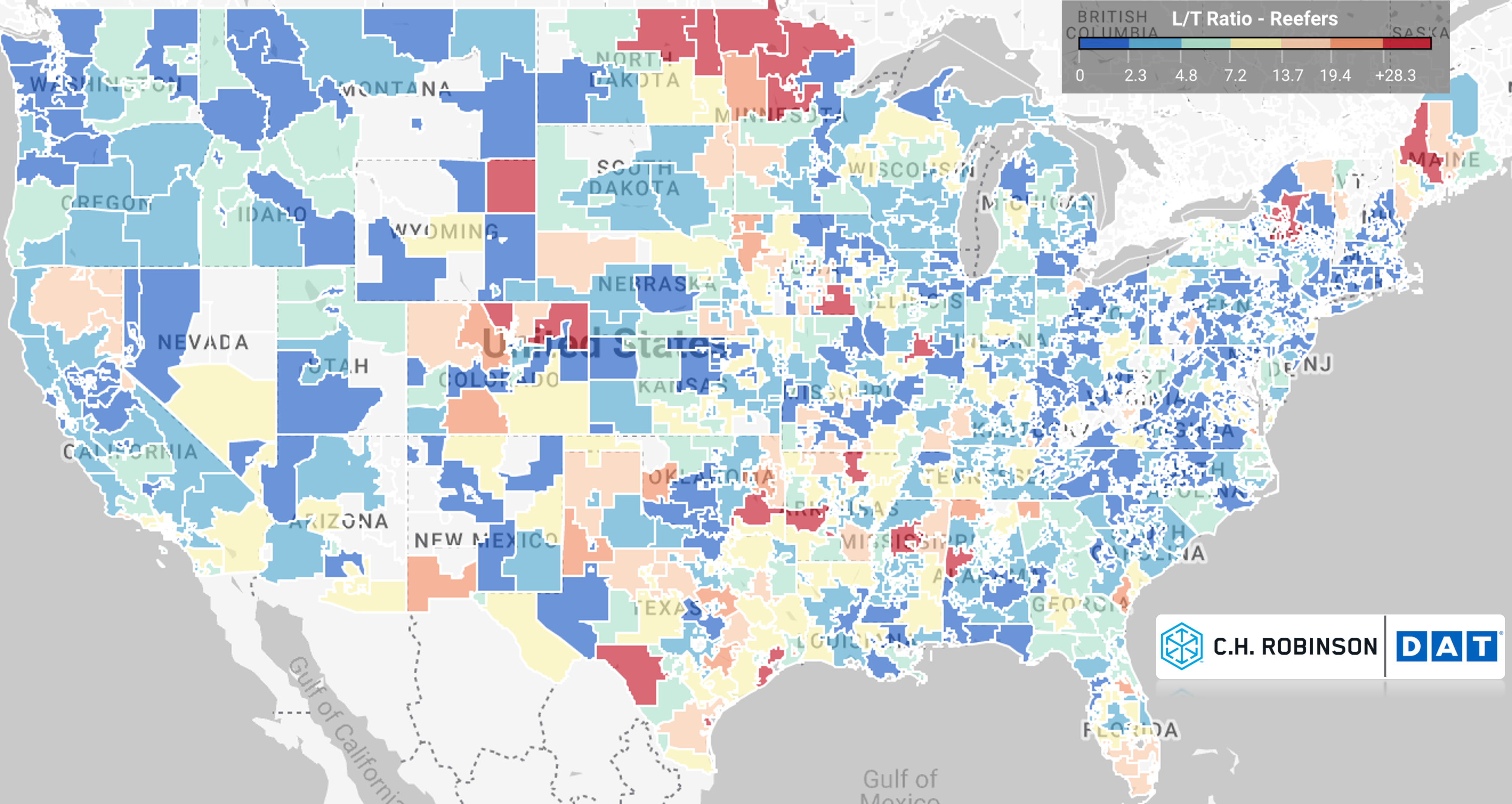 Mapa de calor del mercado al contado de camiones DAT - C.H. Robinson freight market insights 11.17.22